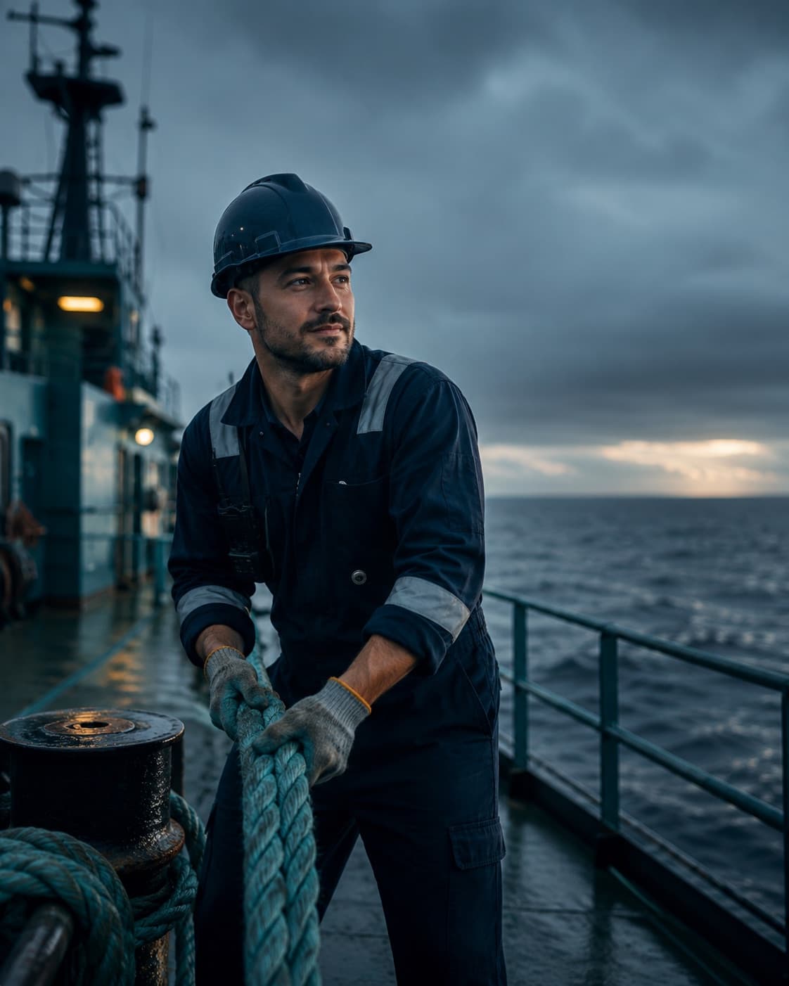 A deckhand in a hard hat and coveralls hauling a mooring line on a working vessel's deck, the sea behind him